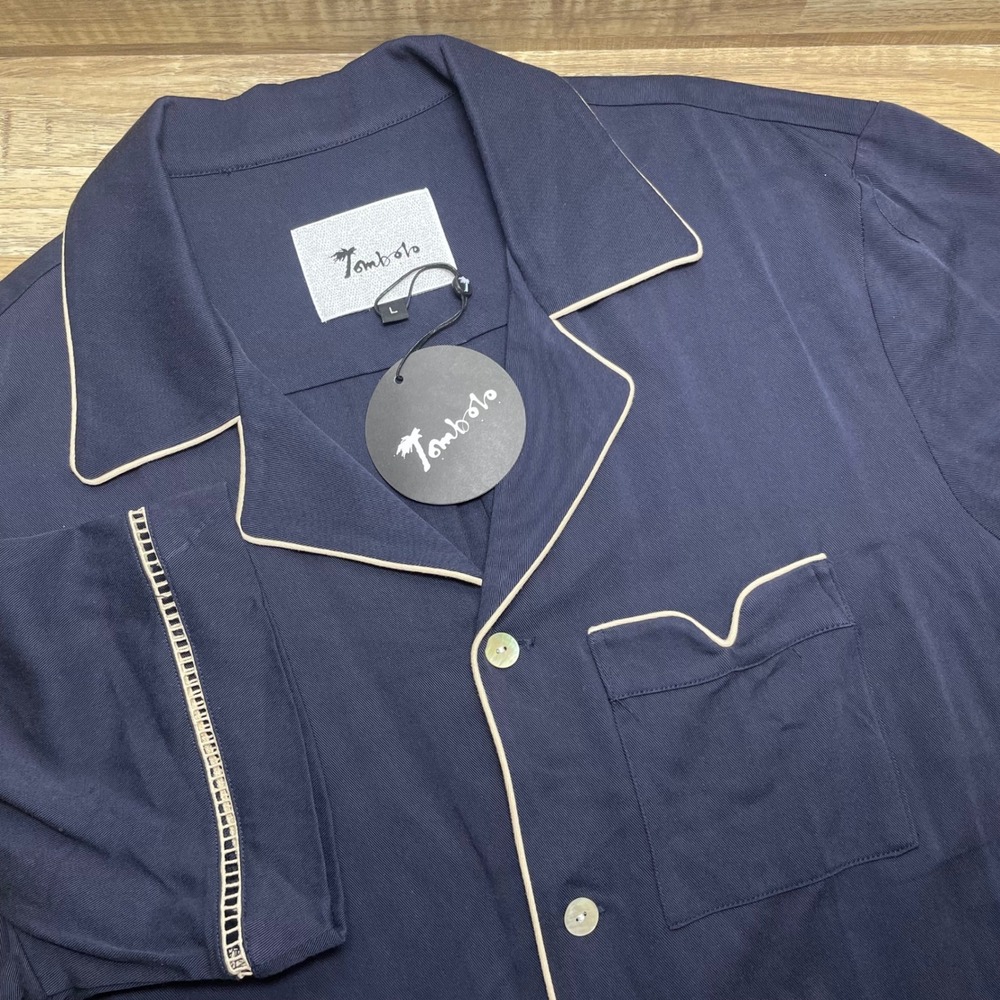 Tombolo Cabrisa Camp Collar Short Sleeve Shirt Navy Blue Tencel Mens Large New